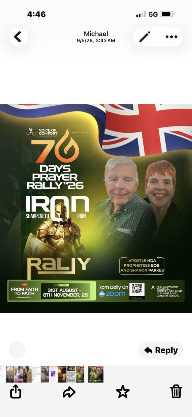 Voice of Comfort 70 Days Prayer Rally flyer with Bob and Sharon Parkes