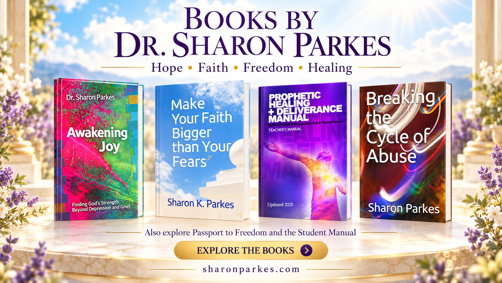 Books by Dr. Sharon Parkes: Awakening Joy, Make Your Faith Bigger Than Your Fears, Prophetic Healing and Deliverance Manual, and Breaking the Cycle of Abuse